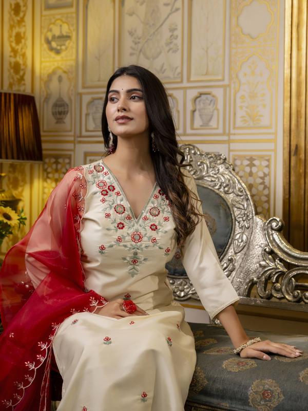 VP 9657 Embroidered Silk Blend Calf Length Straight Kurta Set